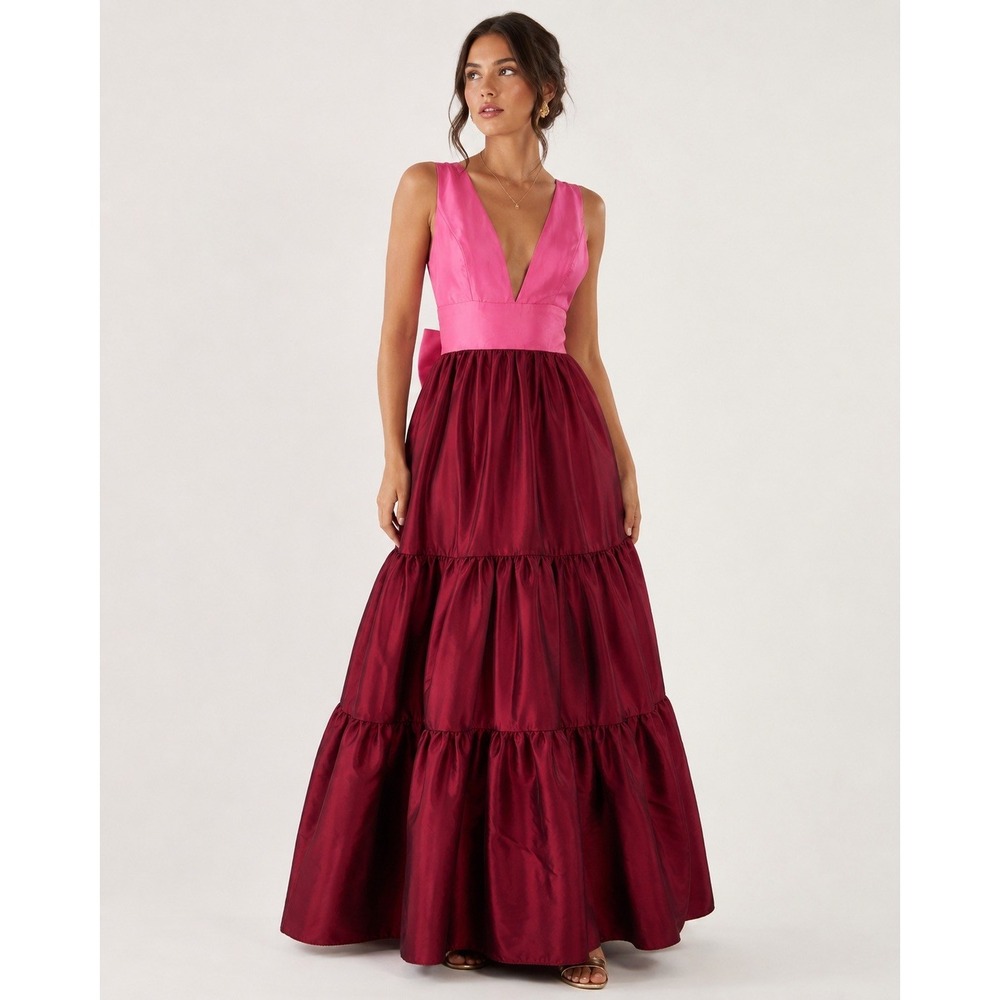 Hutch Pink Burgundy Colorblock Satin Maxi Dress V-Neck Bow Back Lined 4